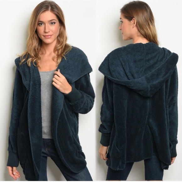 Hem & Thread Tops - LAST ONE! Fuzzy Sherpa Hooded Cardigan Dark Teal